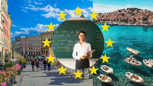English teacher standing in front of a chalkboard surrounded by the EU flag stars with European city and Mediterranean coastline in the background — teaching English in Europe with a non-EU passport