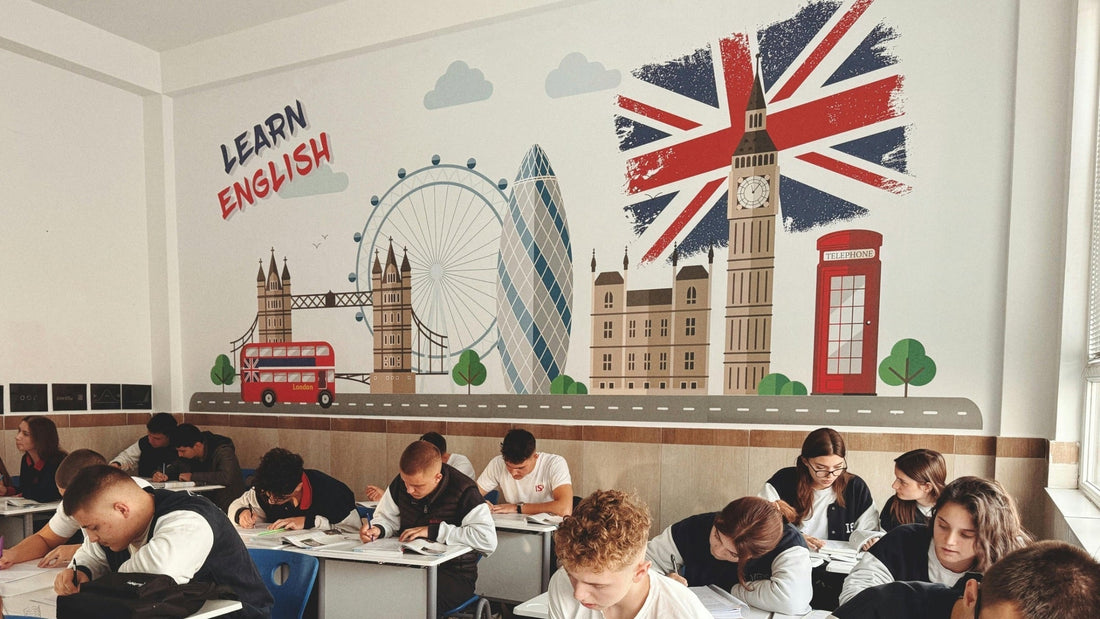 TEFL/TESOL classroom with British wall design and children studying 