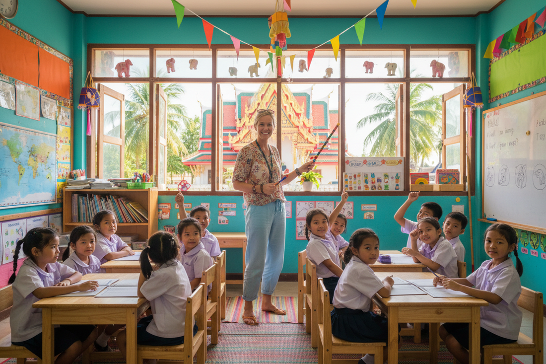 English teacher in a vibrant Thai classroom